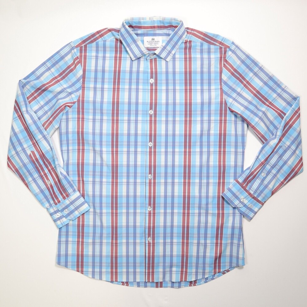 Mizzen Main Trim Fit Blue Plaid Button Up Long Sleeve Made in USA Shirt Mens XL